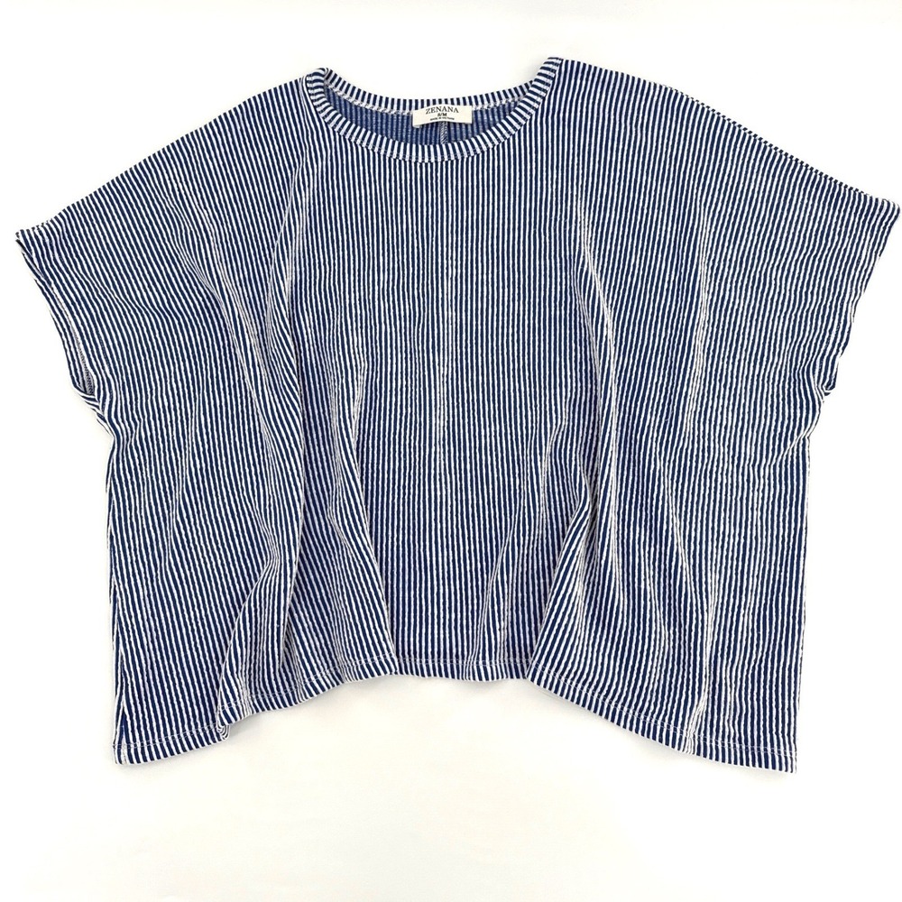 Zenana Striped Boxy Knit Top‎ Women S/M Blue Oversized Casual Boho Coastal